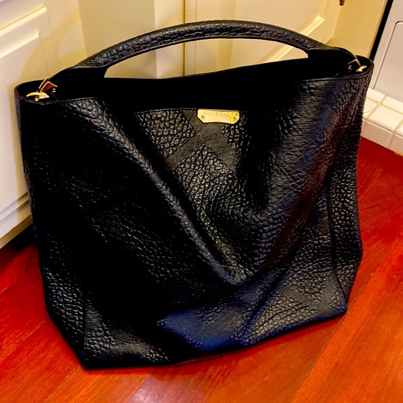 Burberry Check Embossed Lindburn Hobo Bag - Black - Picture 1 of 2